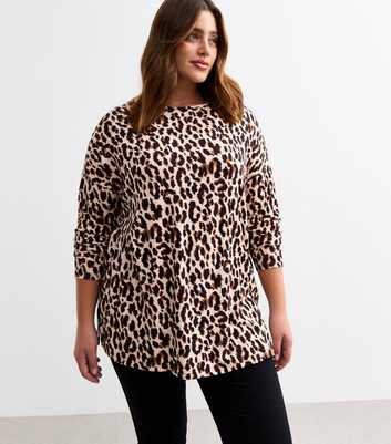 Curves Brown Ribbed Leopard Print Long Sleeve Top