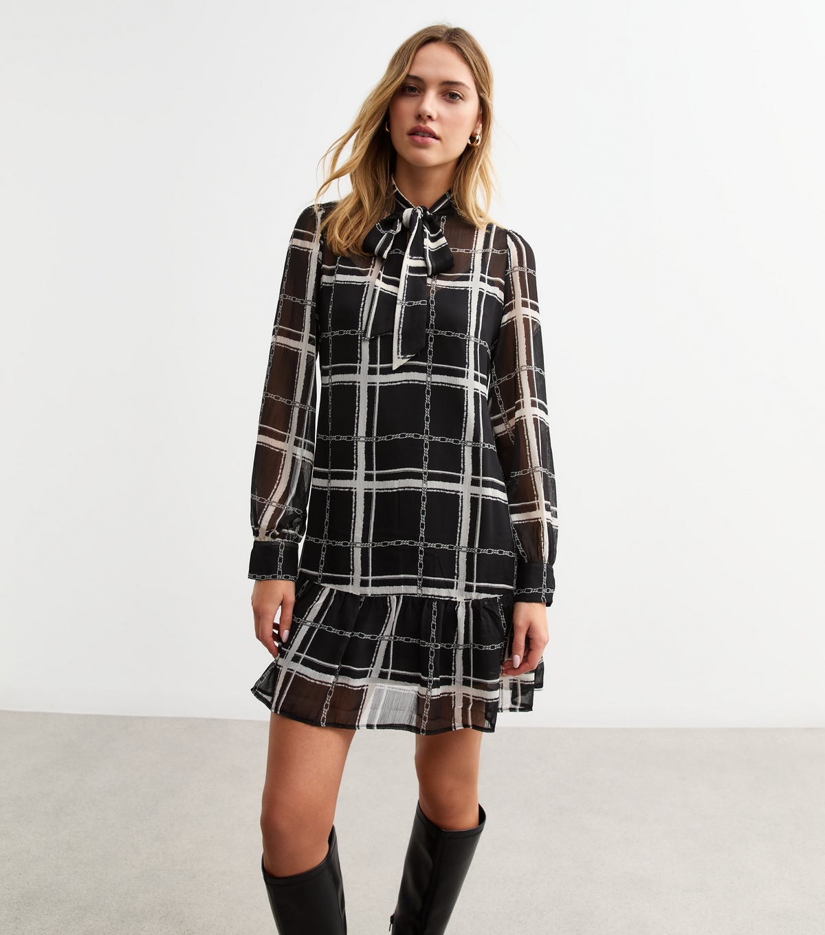 Women's Black Windowpane Check Chiffon Mini Dress New Look