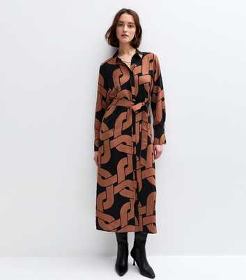 Brown Chain Print Belted Midi Shirt Dress