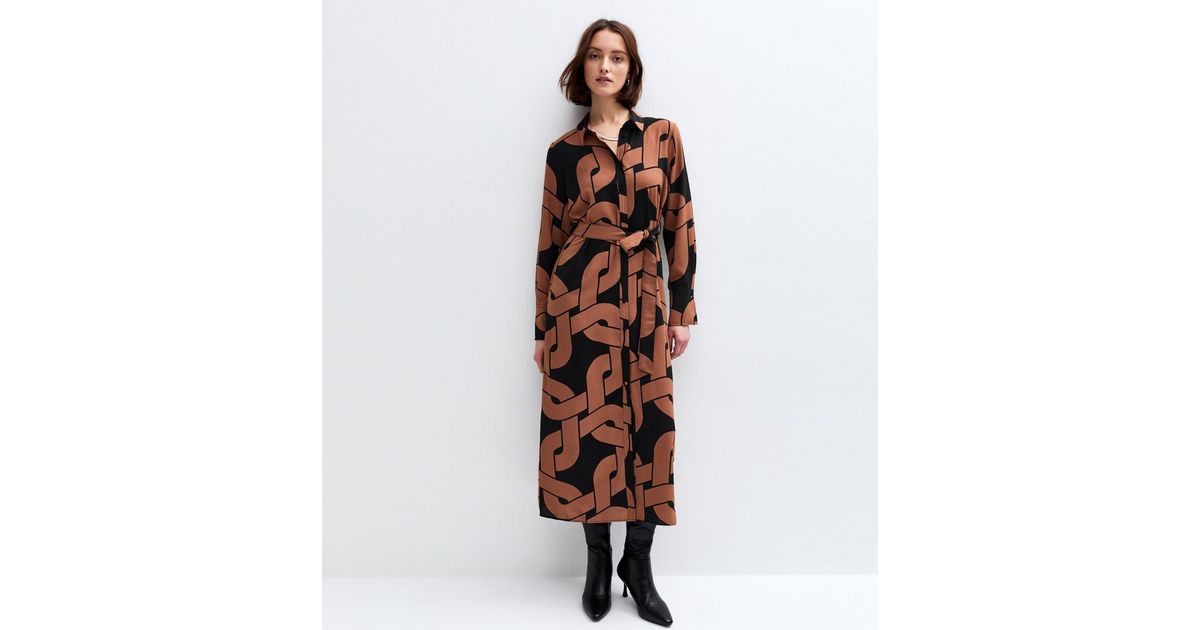 Brown Chain Print Belted Midi Shirt Dress