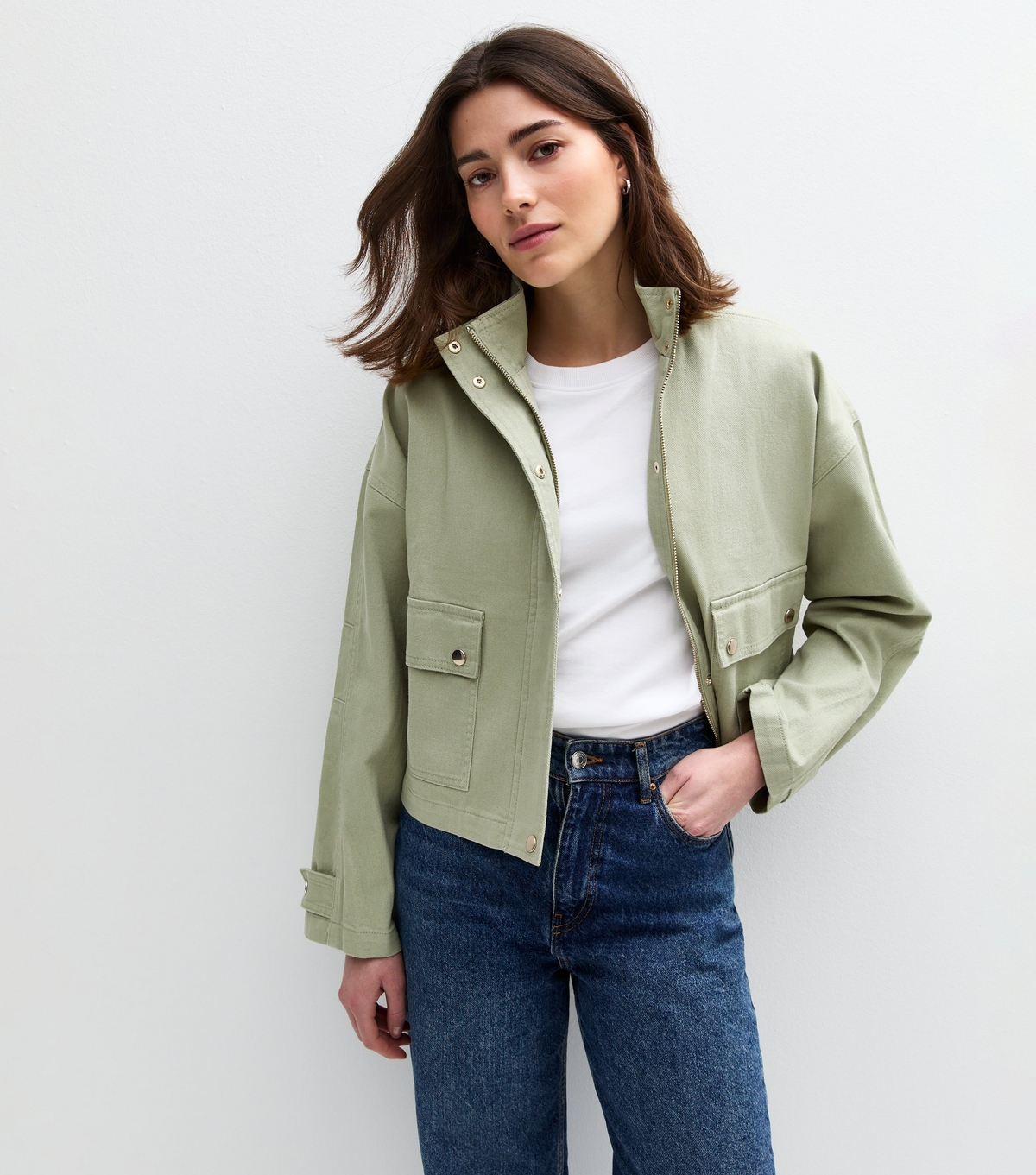 Women's Olive Green High Neck Cotton Twill Shacket New Look