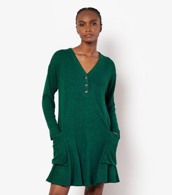 Apricot Green Rib Mini Long Sleeve Dress New Look