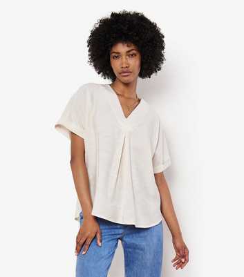 Apricot White Pleated V Neck Top 