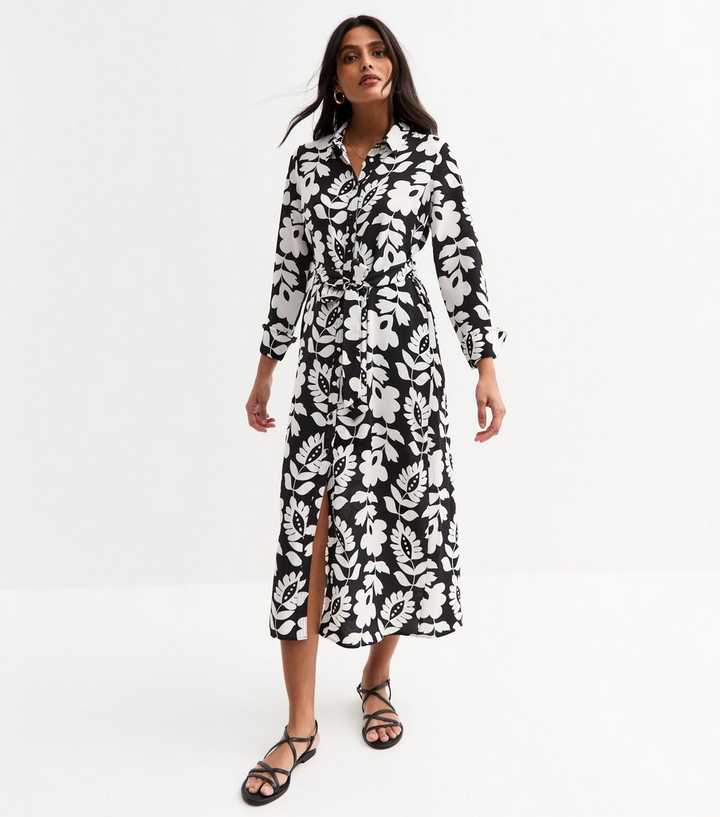 Black Floral Print Belted Shirt Dress