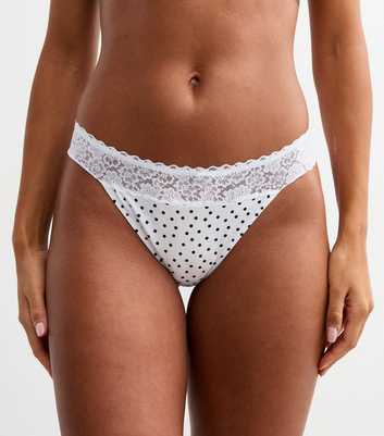 White Spot Print Lace Trim Thong