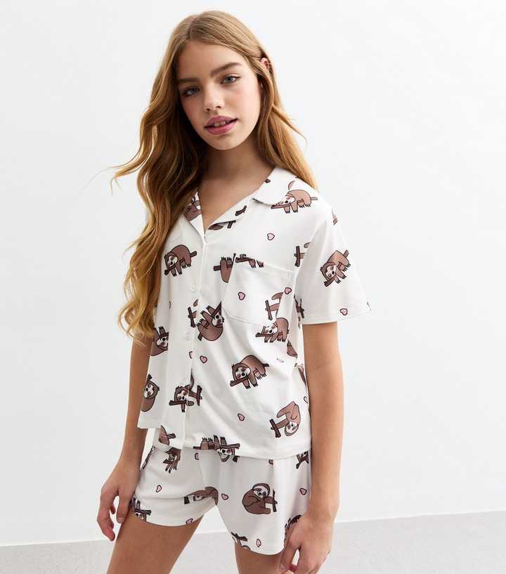 Girls White Sloth Print Short Pyjama Set