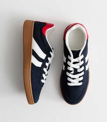 Navy Faux Brushed Leather Panelled Trainers