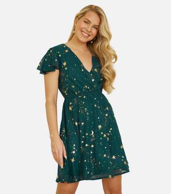 Mela Green Foil Star Print Wrap Dress