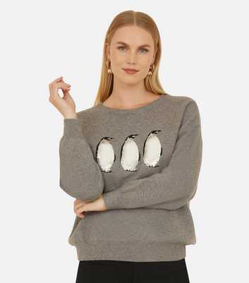 Yumi Grey Christmas Penguin Jumper