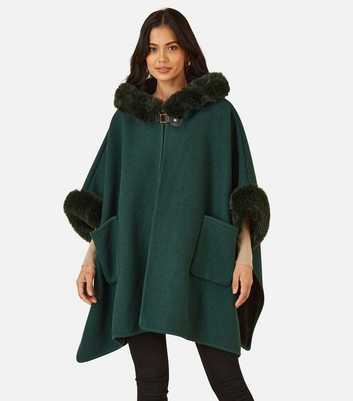 Yumi Green Faux Fur Trim Cape