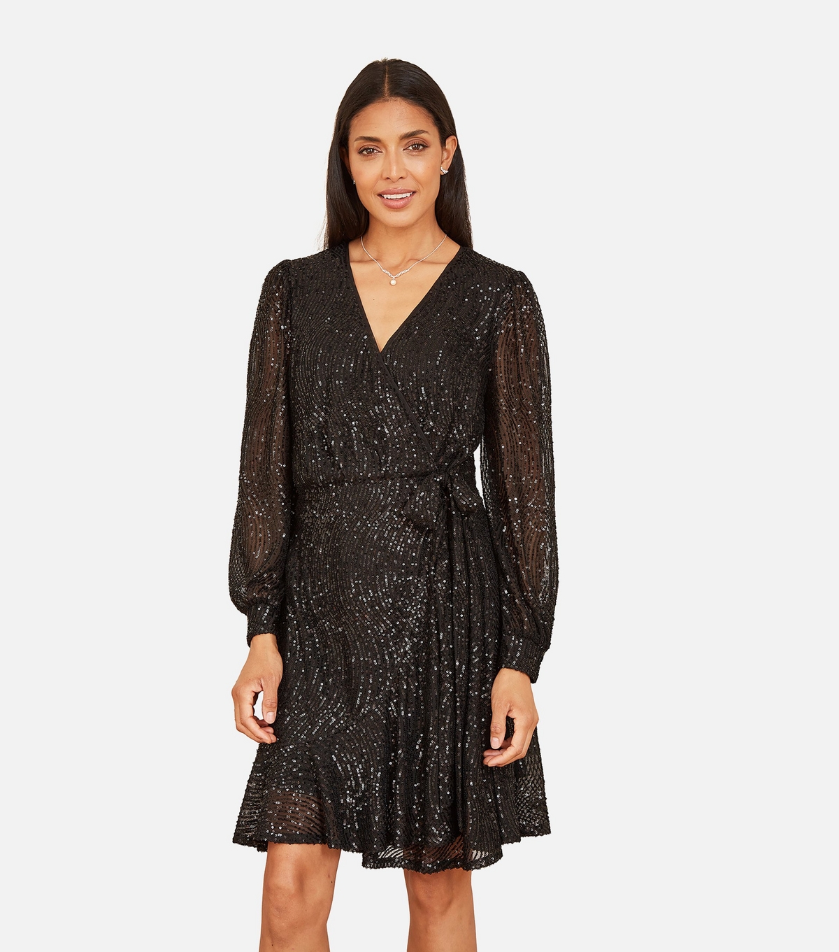 Women's Black Sequin Frill Wrap Dress Yumi New Look