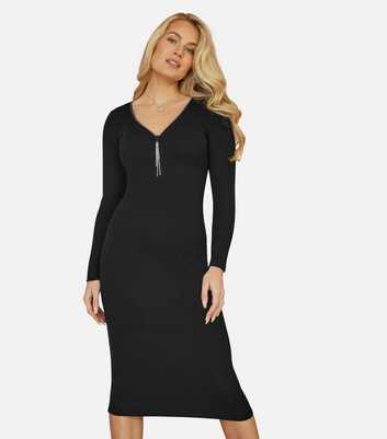 Yumi Black Ribbed Embellished Midi Dress