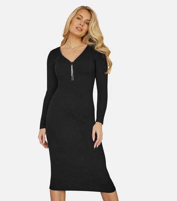 Yumi Black Ribbed Embellished Midi Dress New Look