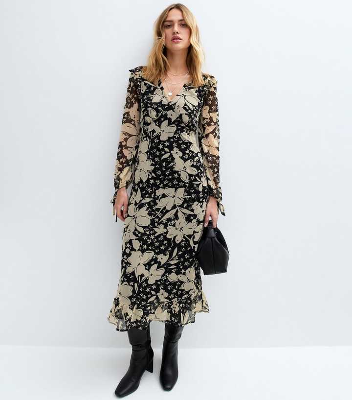 Black Polka Dot Chiffon Midi Dress