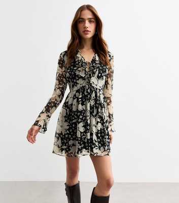 Cream Floral Print Tie Neck Chiffon Mini Dress