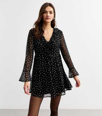 Black Spotted Tie Front Chiffon Mini Dress