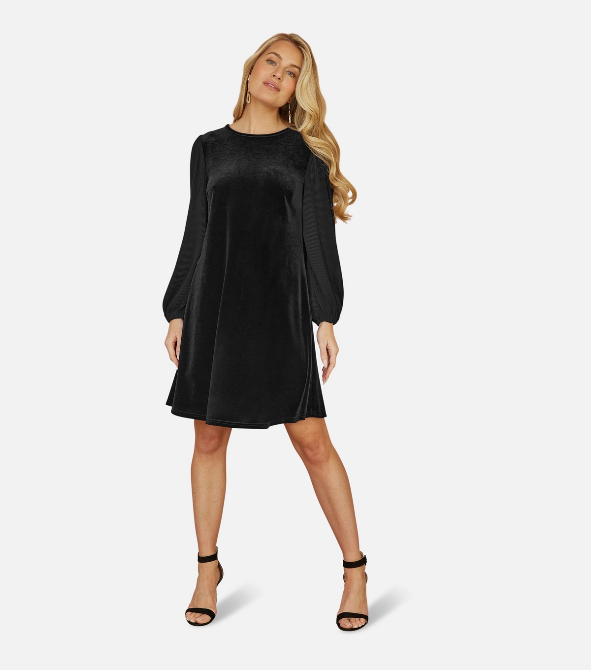 Women's Black Velvet Long Sleeved Tunic Dress Yumi New Look