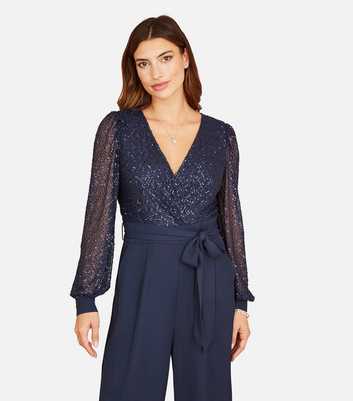 Yumi Navy Long Sleeves Sequin Jumpsuit