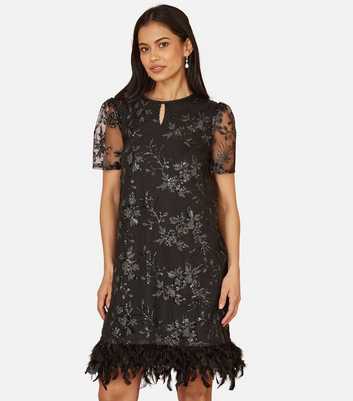 Yumi Black Sequin Embroidered Feather Trim Dress