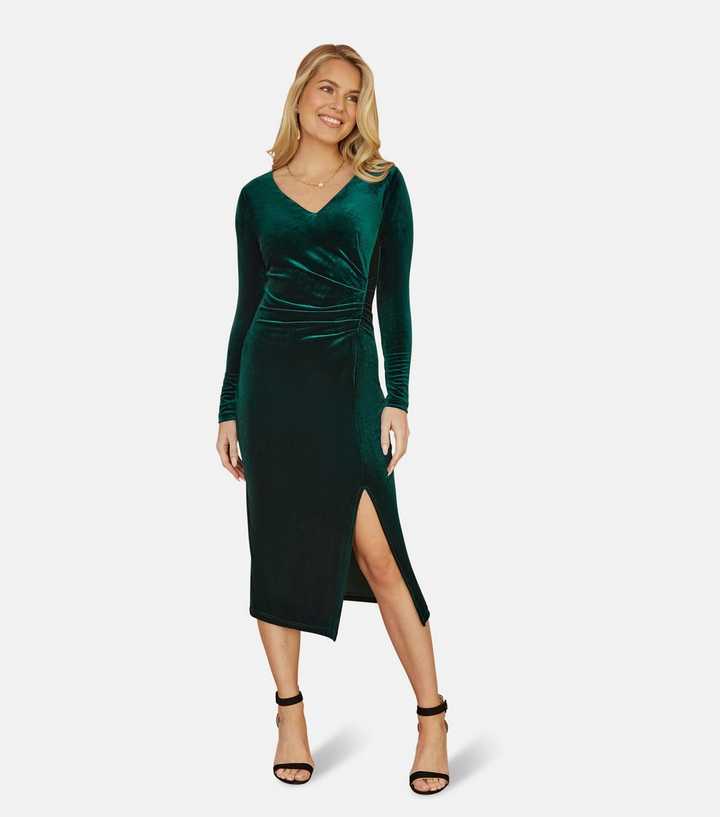 Yumi Green Velvet Ruched Midi Dress | New Look