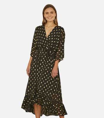 Yumi Black Foil Print Midi Wrap Dress