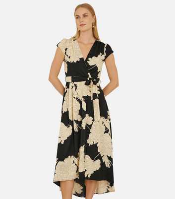 Yumi Black Blossom Print Wrap Midi Dress