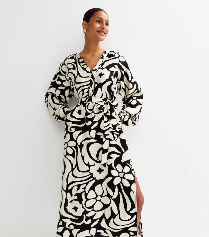 Cream Abstract Floral Print Slit Hem Midi Dress