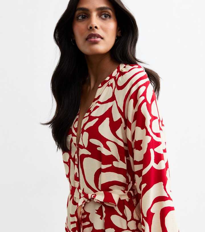 Red Abstract Floral Print Slit Hem Midi Dress | New Look