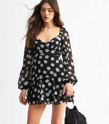 Black Daisy Print Tiered Ruffle Mini Dress