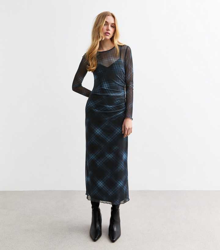 Blue Checked Stretch Mesh Midi Dress