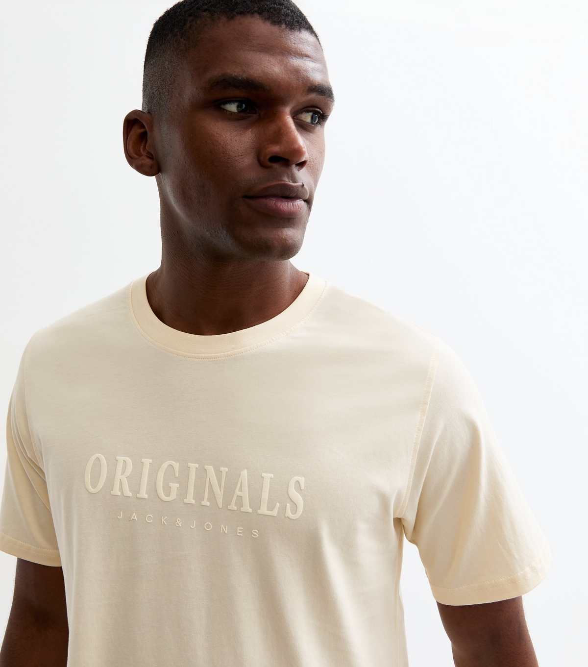 Men's Cream Slim Branded Jersey T-Shirt Jack & Jones New Look
