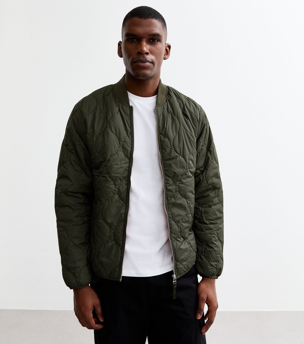 Men's Khaki Slim Stitched Pattern Bomber Jacket Jack & Jones New Look