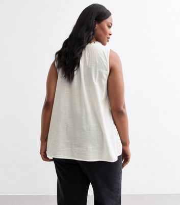 ONLY Curves Off White Cotton Pleated Sleeveless Top New Look