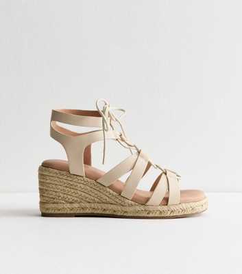 Off White Faux Leather Lace Up Wedges