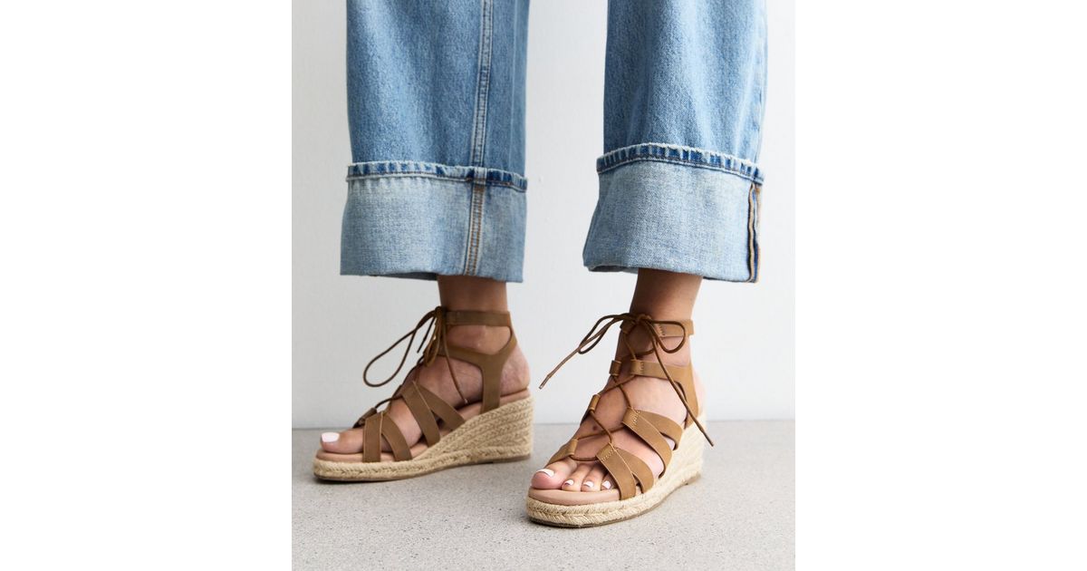 tan lace up wedges