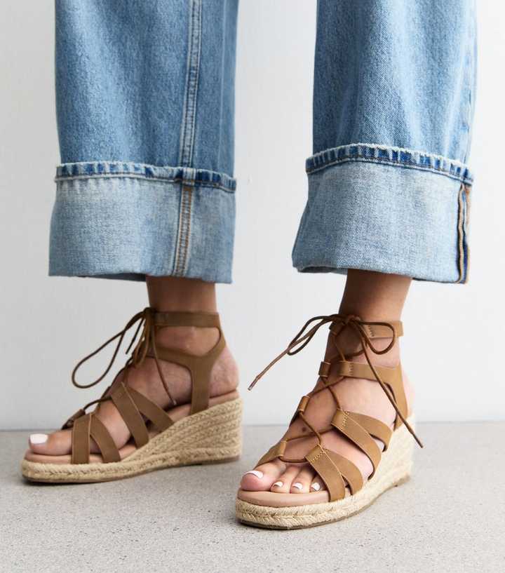 Tan Faux Leather Lace Up Wedges