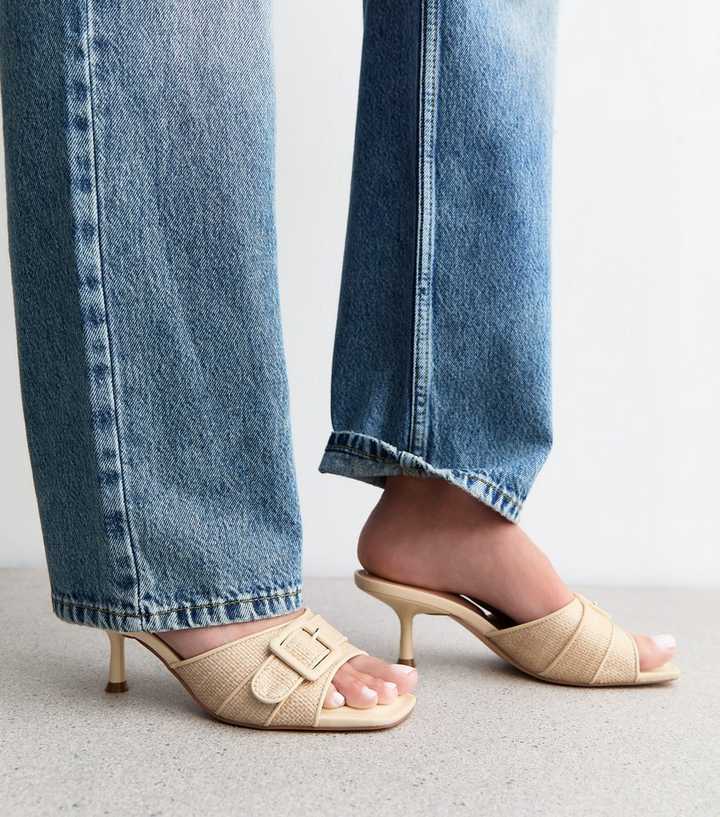 Off White Raffia Heeled Mules | New Look