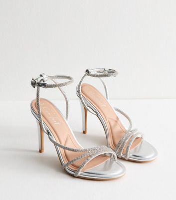 Silver Tone Diamante Embellished Triple Strap Stiletto Sandals New Look