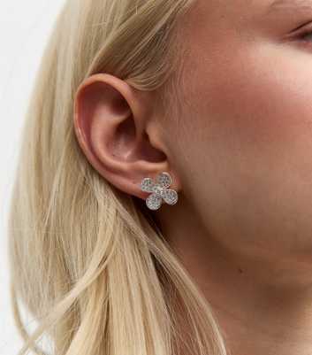 Silver Tone Flower Cubic Zirconia Stud Earrings