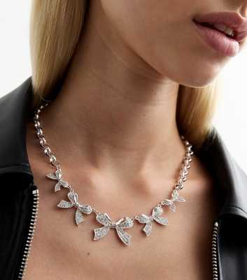 Silver Tone Diamantè Bow Necklace