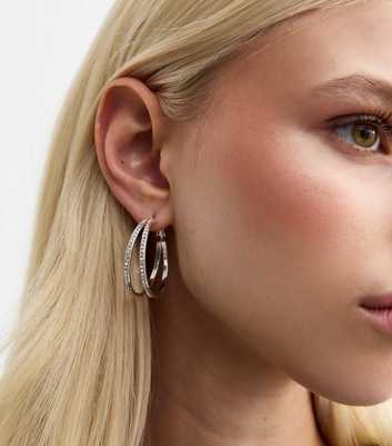 Silver Tone Diamanté Double Hoop Earrings