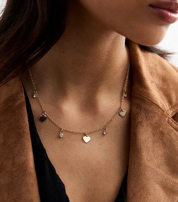 Gold Tone Diamante Heart Charm Necklace New Look