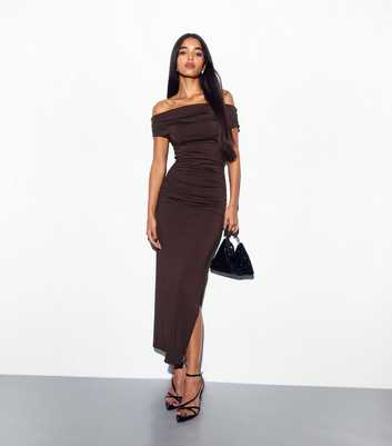 Brown Bardot Off Shoulder Midi Dress