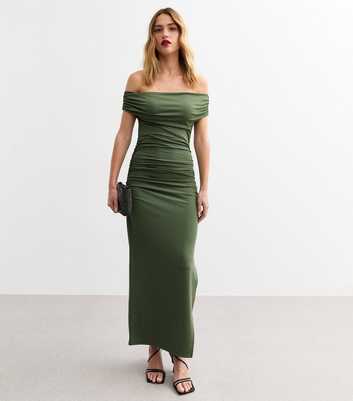 Khaki Bardot Off Shoulder Midi Dress