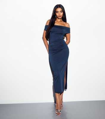 Navy Bardot Off Shoulder Midi Dress