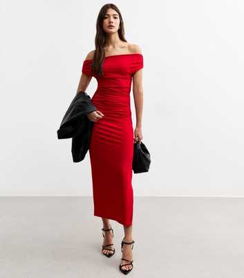 Red Bardot Off Shoulder Midi Dress