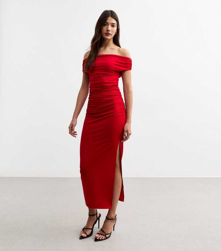 new look off shoulder dress Dark Brown Ruched Off The Shoulder Midi Dress