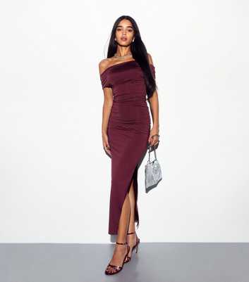 Burgundy Bardot Off Shoulder Midi Dress