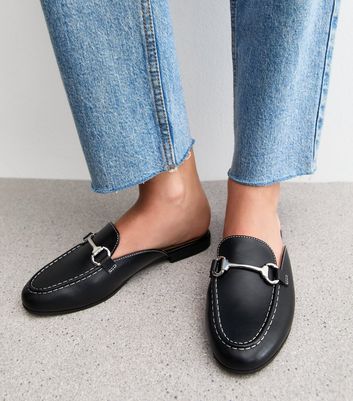 Black Faux Leather Snaffle Detail Backless Loafers