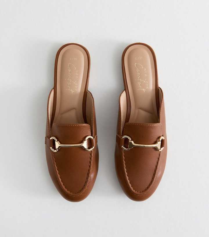 Tan Faux Leather Snaffle Detail Backless Loafers